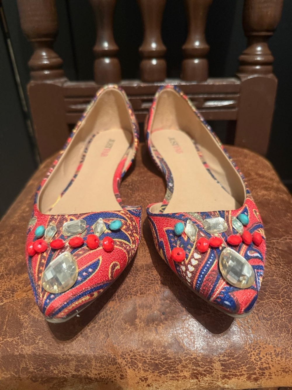 Embellished Red & Blue Pointed Toe Women's Flats